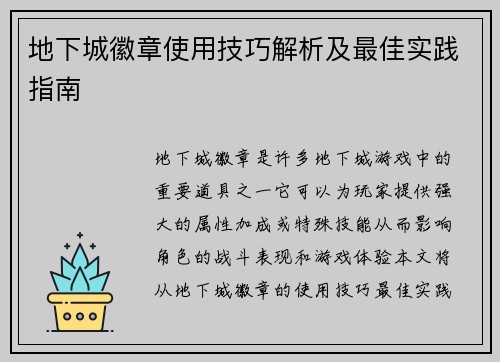 地下城徽章使用技巧解析及最佳实践指南 地下城徽章使用技巧解析及最佳实践指南
